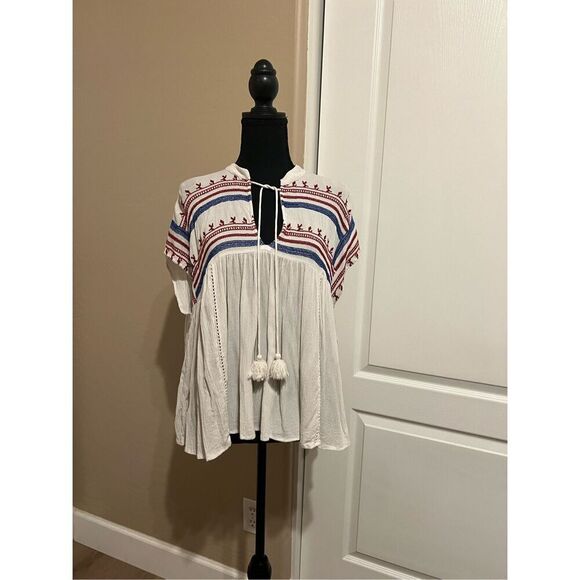 Lovestitch white and blue boho blouse - Picture 1 of 5
